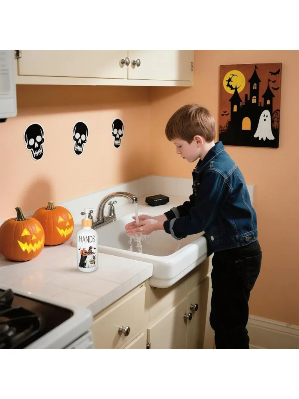 Spooky Pumpkin Ghost Soap Dispenser Set - Refillable Halloween Decor for Home